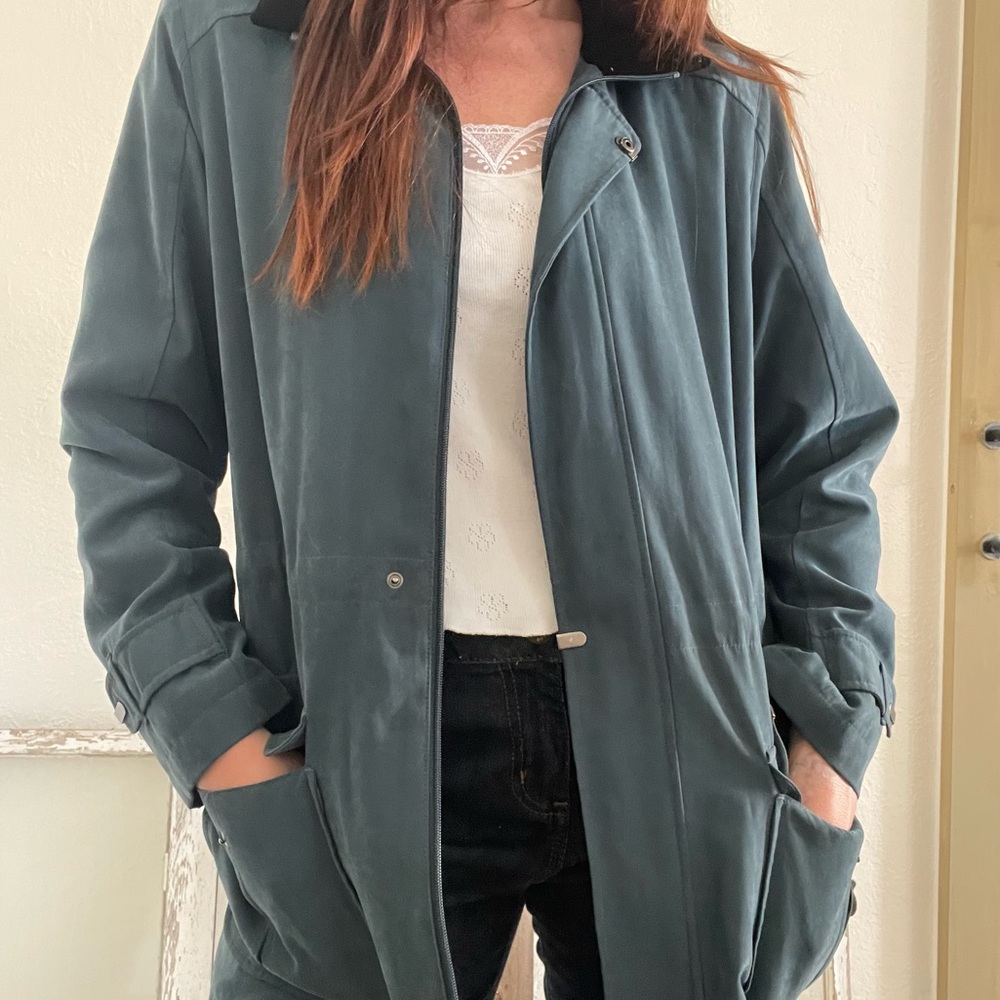 Dusty Blue Preppy Americana Vintage Style Utility Jacket, Black Velvet Collar